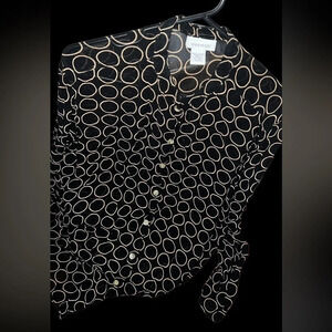 Avenue Large circle Polka Dot Chiffon black beige long sleeve Blouse Sz 14/16
